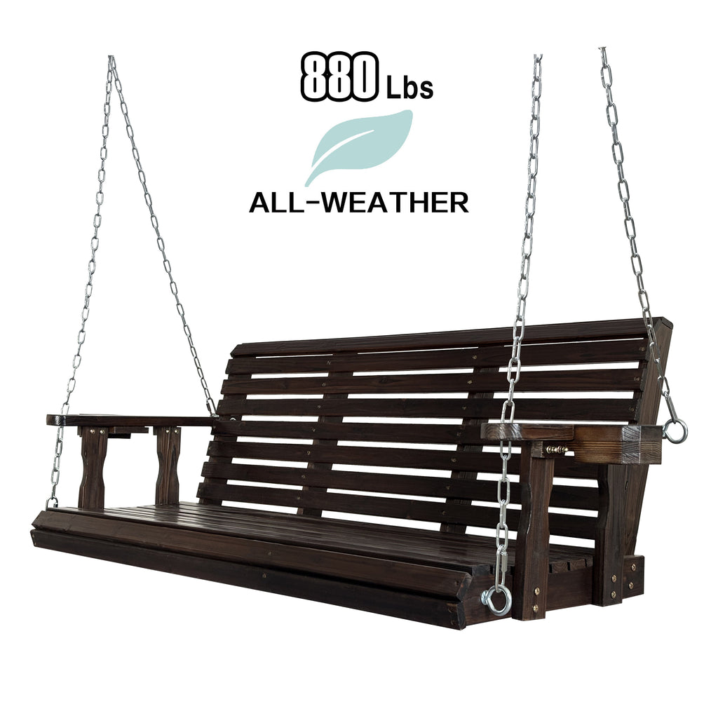 Fortune Candy Wooden Porch Swing 3-Seater, High Backrest and Deep Seat, Bench Swing with Cupholders, Hanging Chains and 7mm Springs, Heavy Duty 880 LBS (Deep Brown, 5 FT Extra Large)