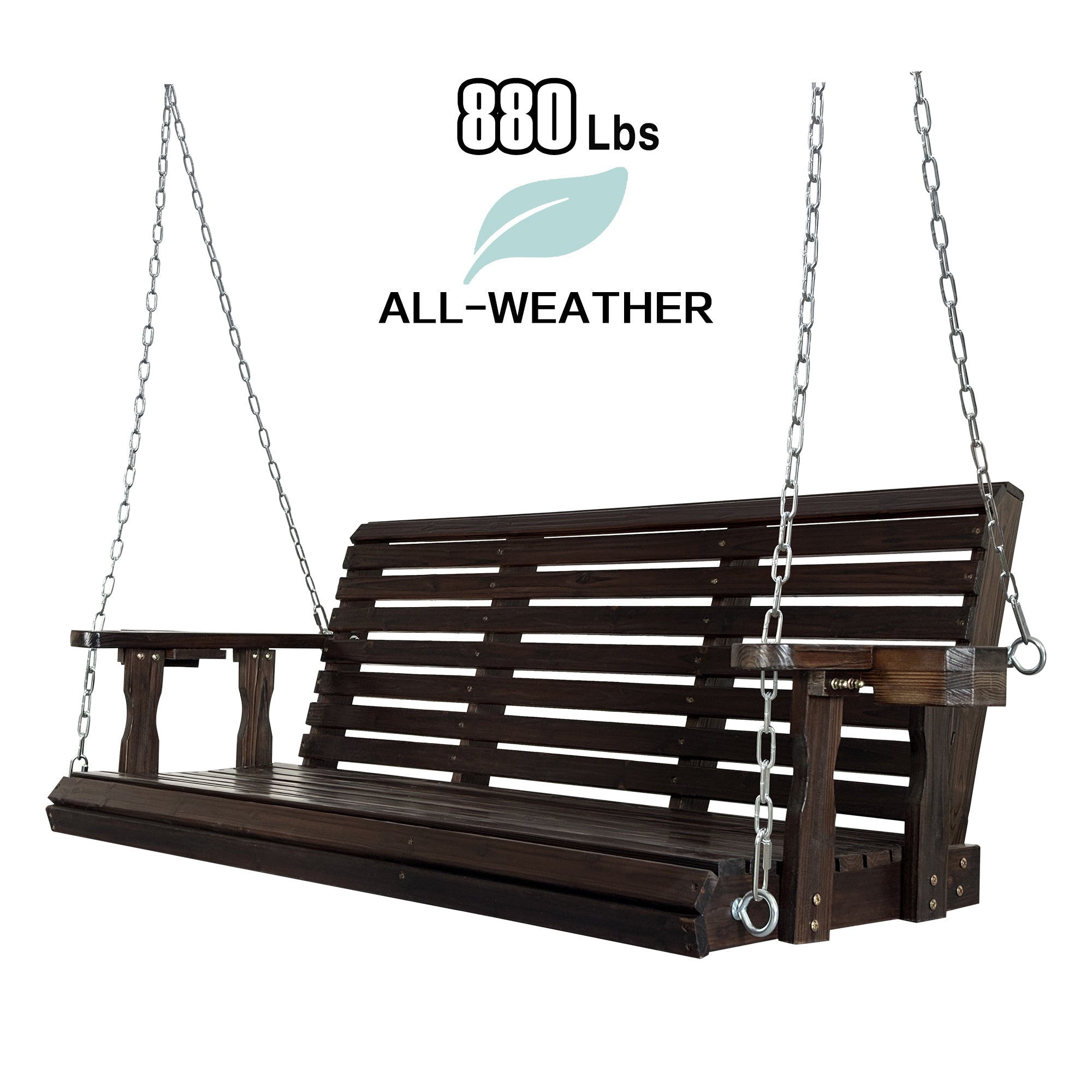 Fortune Candy Wooden Porch Swing 3-Seater, High Backrest and Deep Seat, Bench Swing with Cupholders, Hanging Chains and 7mm Springs, Heavy Duty 880 LBS (Deep Brown, 5 FT Extra Large)
