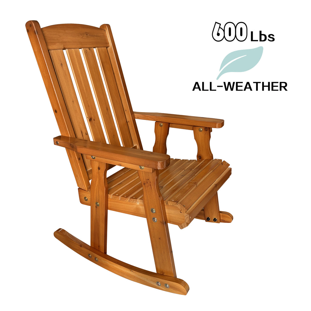 Wooden Patio Rocking Chair with Comfortable Backrest Inclination, High Backrest and Deep Contoured Seat, Solid Fir Wood, Heavy Duty 600 LBS (Natural, 2 Pieces)