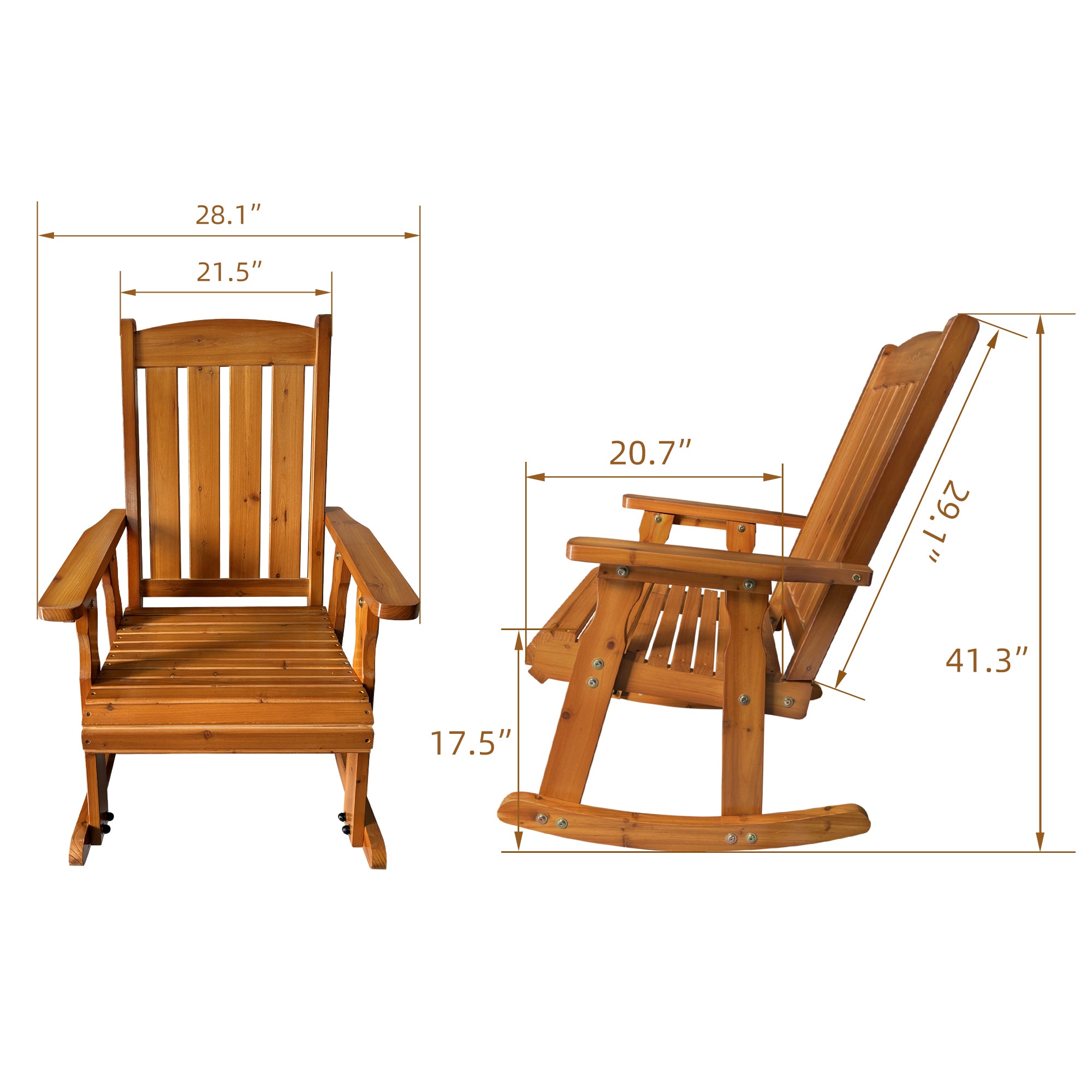 Wooden Patio Rocking Chair with Comfortable Backrest Inclination, High Backrest and Deep Contoured Seat, Solid Fir Wood, Heavy Duty 600 LBS (Natural, 2 Pieces)