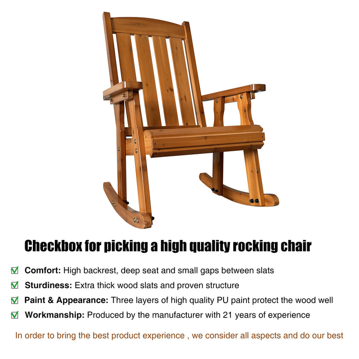 Wooden Patio Rocking Chair with Comfortable Backrest Inclination, High Backrest and Deep Contoured Seat, Solid Fir Wood, Heavy Duty 600 LBS, for Both Outdoor and Indoor (Natural)