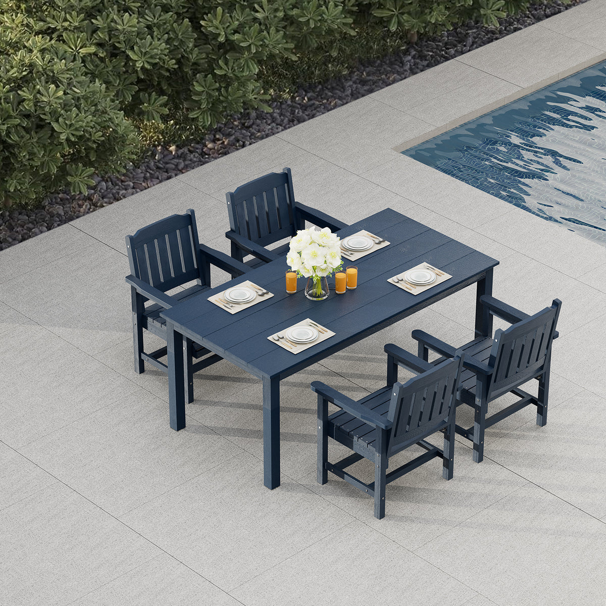 Modern HDPE Patio Dining Set, Poly Lumber Table and Chair, with Umbrella Hole, Weather Resistant, for Outdoor, Yard, Lawn (5 Piece, Navy Blue)