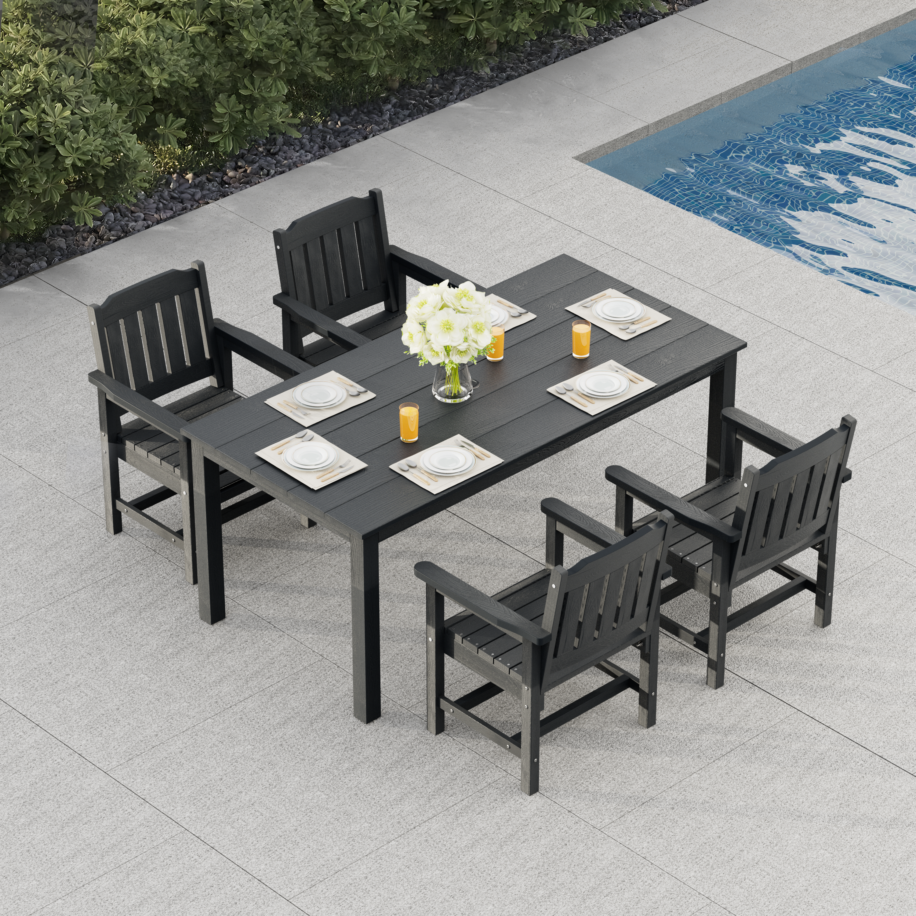 Modern HDPE Patio Dining Set, Poly Lumber Table and Chair, with Umbrella Hole, Weather Resistant, for Outdoor, Yard, Lawn (5 Piece, Black)