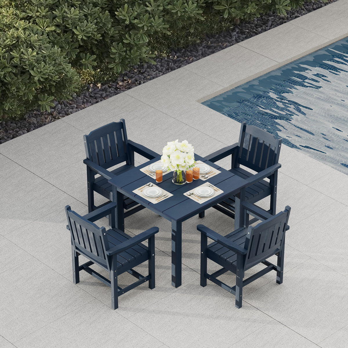 Modern HDPE Patio Dining Set, Poly Lumber Table and Chair, with Umbrella Hole, Weather Resistant, for Outdoor, Yard, Lawn (Navy Blue, 5 Piece - 36.2'' Table)