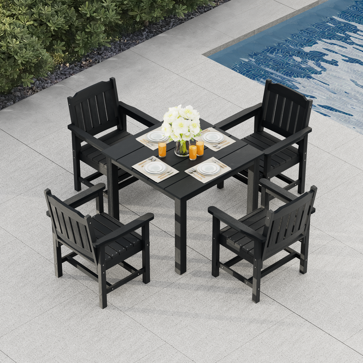Modern HDPE Patio Dining Set, Poly Lumber Table and Chair, with Umbrella Hole, Weather Resistant, for Outdoor, Yard, Lawn (Black, 5 Piece - 36.2'' Table)