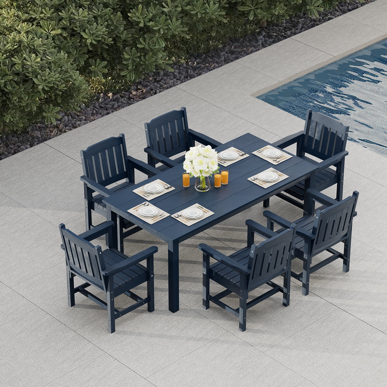 Modern HDPE Patio Dining Set, Poly Lumber Table and Chair, with Umbrella Hole, Weather Resistant, for Outdoor, Yard, Lawn (7 Piece,Navy Blue)