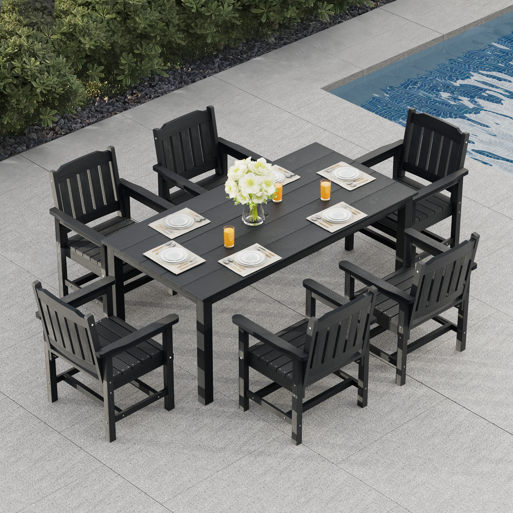 Modern HDPE Patio Dining Set, Poly Lumber Table and Chair, with Umbrella Hole, Weather Resistant, for Outdoor, Yard, Lawn (7 Piece)