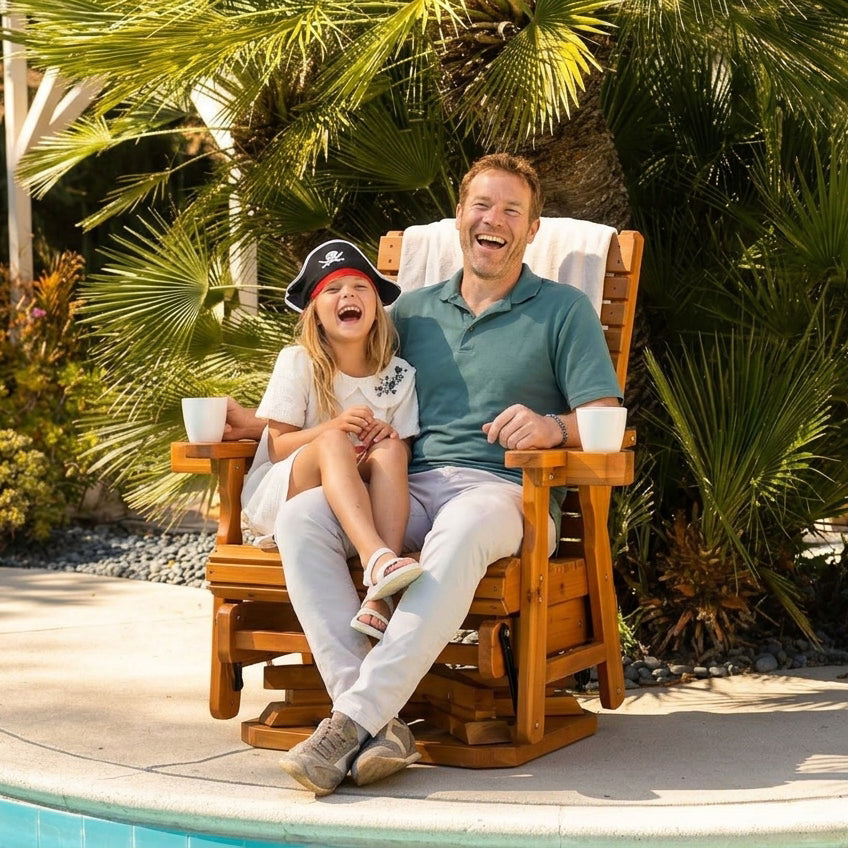 Wooden Swivel Glider Chair, 360° Outdoor Patio Rocker with Ergonomic Design, Smooth Gliding Motion, Solid Fir Wood, Weather-Resistant PU Finish, Heavy Duty 500 LBS