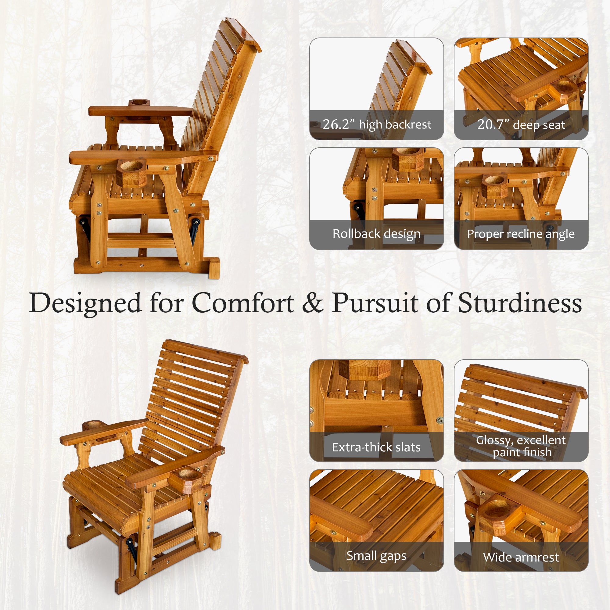 Patio Glider with Cup Holders, High Roll Back and Deep Contoured Seat,Heavy Duty 600 Lb (Warm Brown,  2 Pieces)