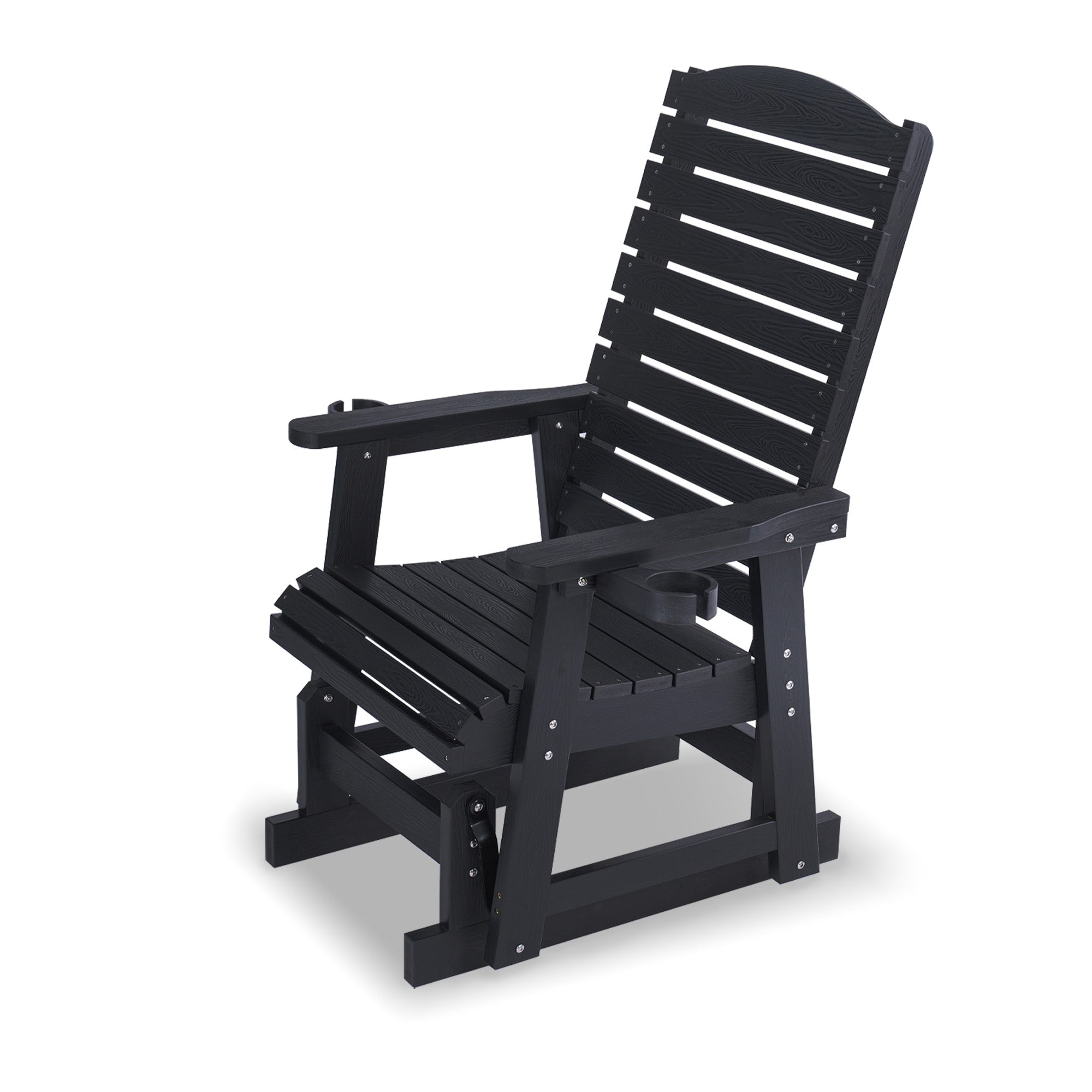 Poly Lumber Patio Glider for One Person, with Cup Holders, High Backrest and Deep Contoured Seat, HIPS Material, All-Weather Resistant, Heavy Duty 700 Pounds (Black)