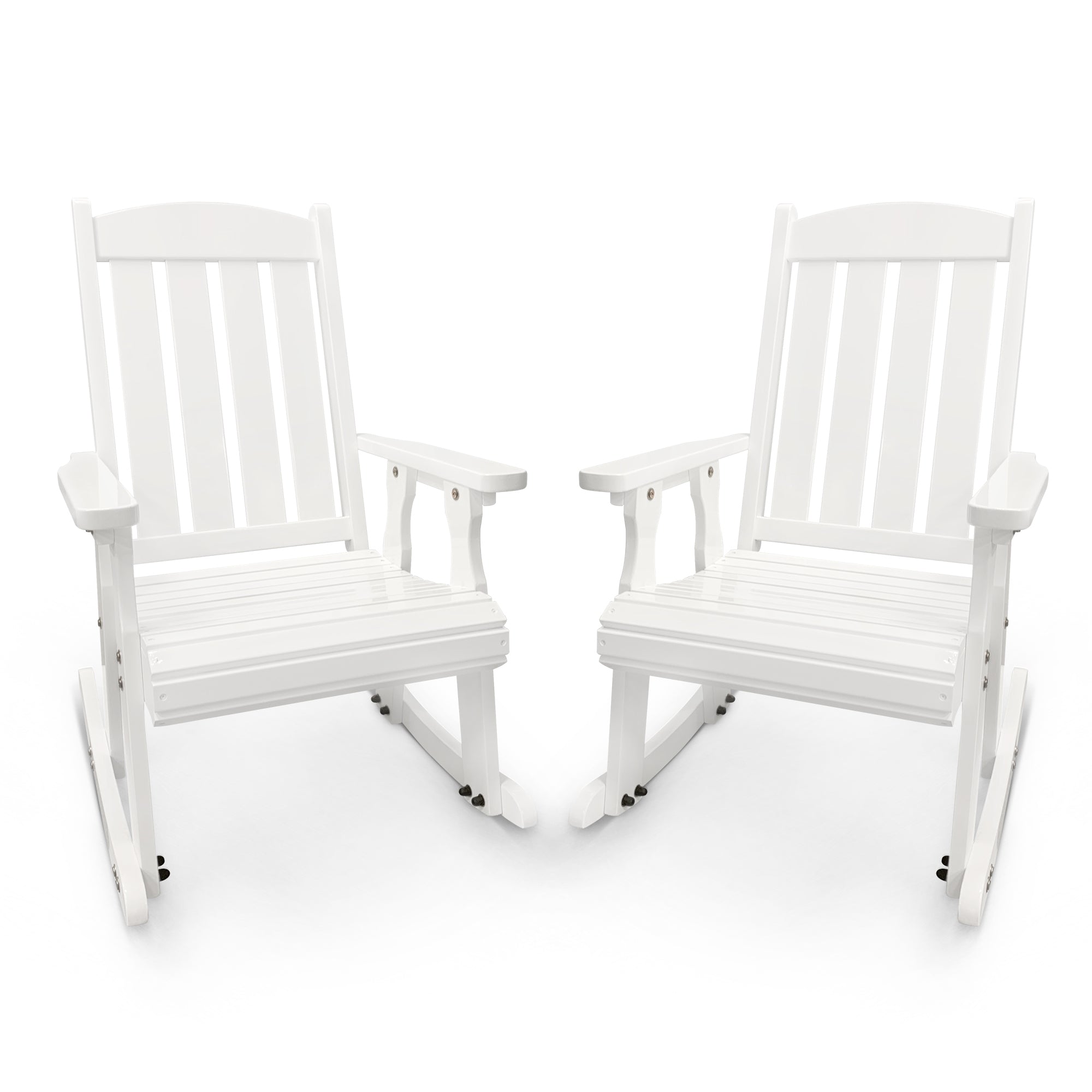 Wooden Patio Rocking Chair with Comfortable Backrest Inclination, High Backrest and Deep Contoured Seat, Solid Fir Wood, Heavy Duty 600 LBS, for Both Outdoor and Indoor (White - 3 Pieces)