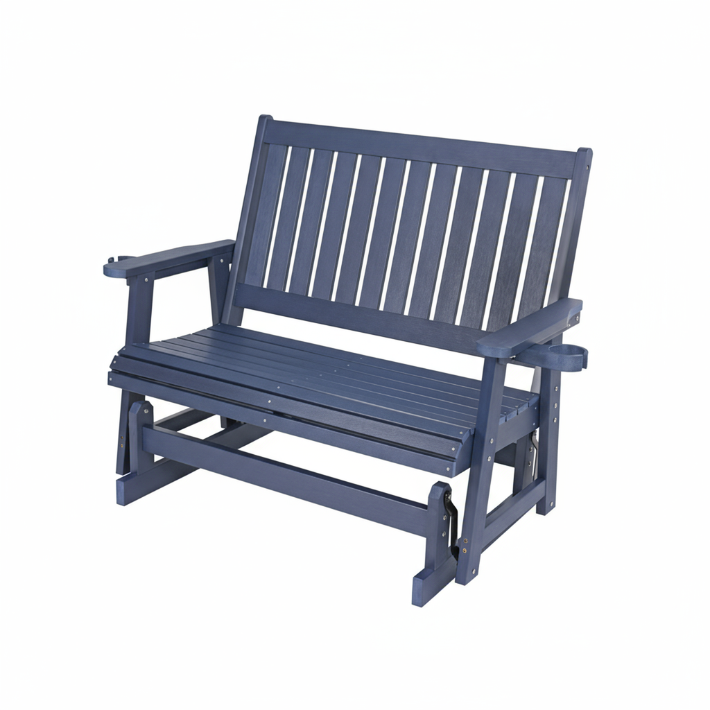 HIPS Patio Glider with Cup Holders, Durable Poly Lumber Material, All-Weather Resistant, High Backrest and Deep Contoured Seat, Heavy Duty 900 LB, for Outdoor, Porch, Patio (Navy Blue, 2-Seat)