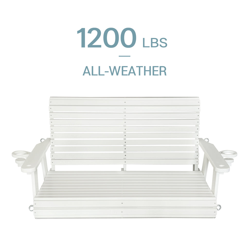 HDPE Porch Swing with 18/8 Stainless Steel Bolts, Ergonomic Design, Ultra Weather-Resistant, Heavy Duty 1200 LBS, for Outdoor Patio Garden Yard (Vanilla White)