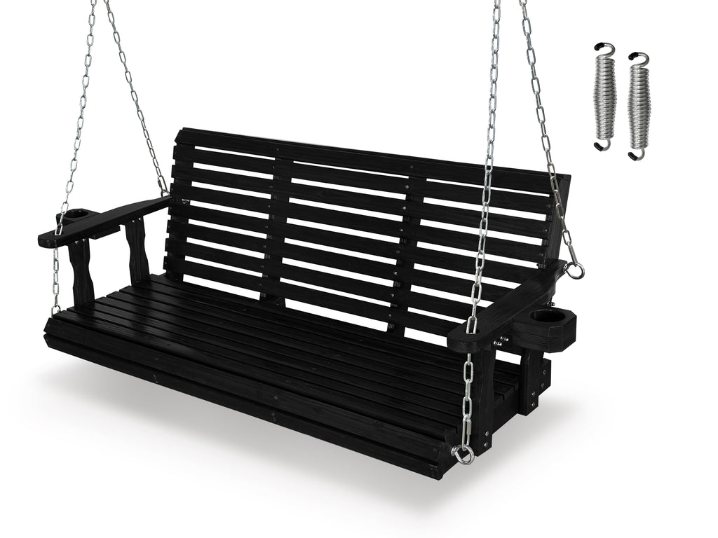 Wooden Porch Swing, Ergonomic Seat, Bench Swing with Hanging Chains and 7mm Springs, Heavy Duty 880 LBS, for Outdoor Patio Garden Yard (Black, 3-Seater Extra Large)