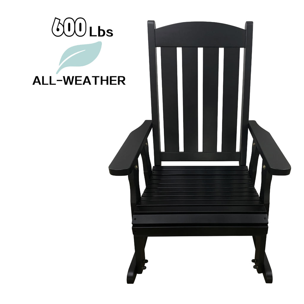 Wooden Rocking Chair with Comfortable Backrest Inclination, High Backrest and Deep Contoured Seat, Solid Fir Wood, Heavy Duty 600 LBS, for Backyard, Porch and Patio (Black PU)