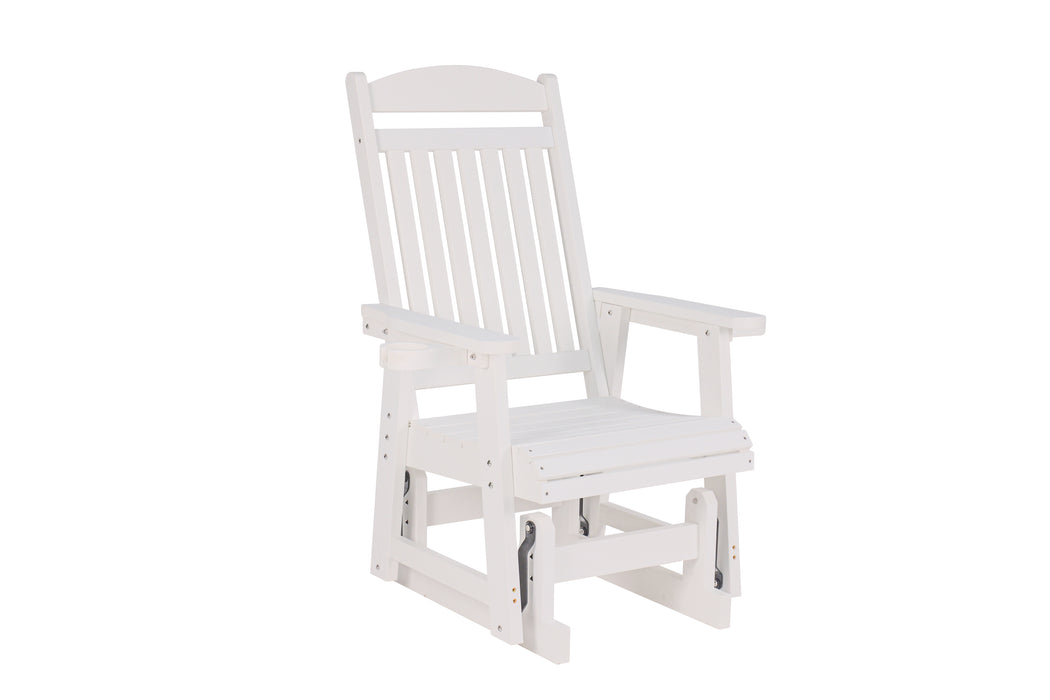 Poly Lumber Patio Glider for One Person, with Cup Holders, High Backrest and Deep Contoured Seat, HIPS Material, All-Weather Resistant, Heavy Duty 700 LBS (White)