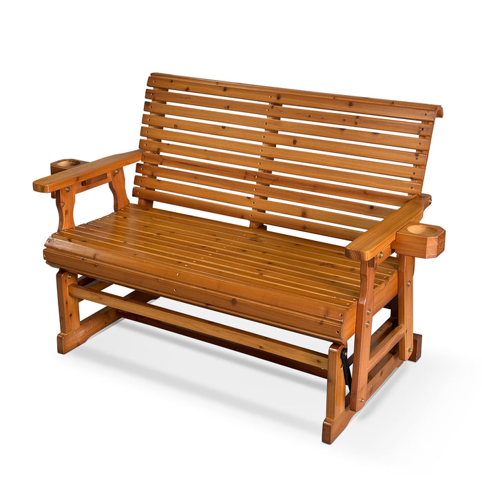 Wooden Patio Glider with Cup Holders, for Two Person with cup holder