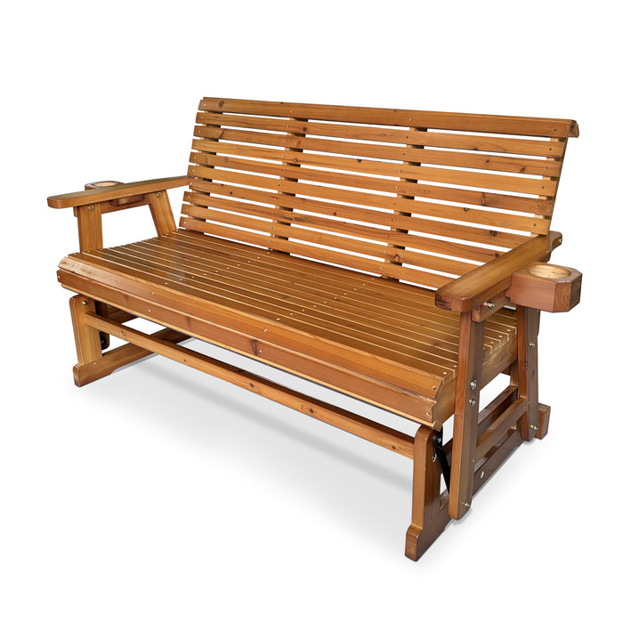 Wooden Patio Glider with Cup Holders, High Roll Back and Deep Contoured Seat, Heavy Duty 800 Lb (Brown, 3-Seater)
