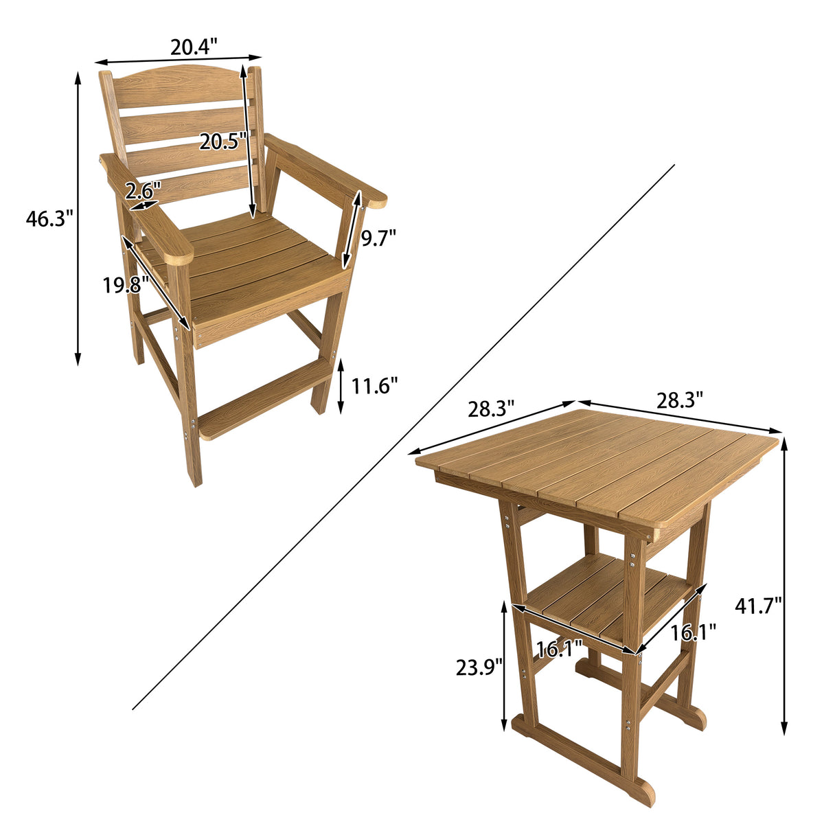 Poly Lumber Patio Bar Set, HIPS Outdoor Bar Stools with Table, Weather Resistant, for Poolside, Garden, Yard, Balcony (Teak Tone, 3 Piece)