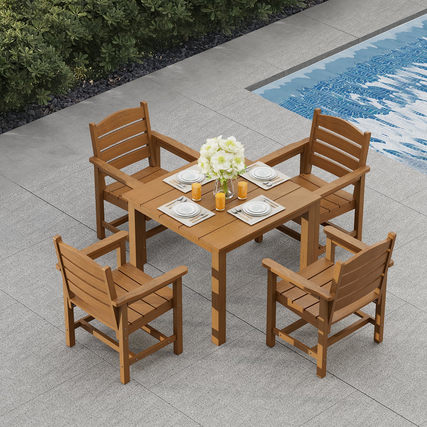 Modern HDPE Patio Dining Set, Poly Lumber Table and Chair, with Umbrella Hole, Weather Resistant, for Outdoor, Yard, Lawn (Teak Tone, 5 Piece - 36.2'' Table)
