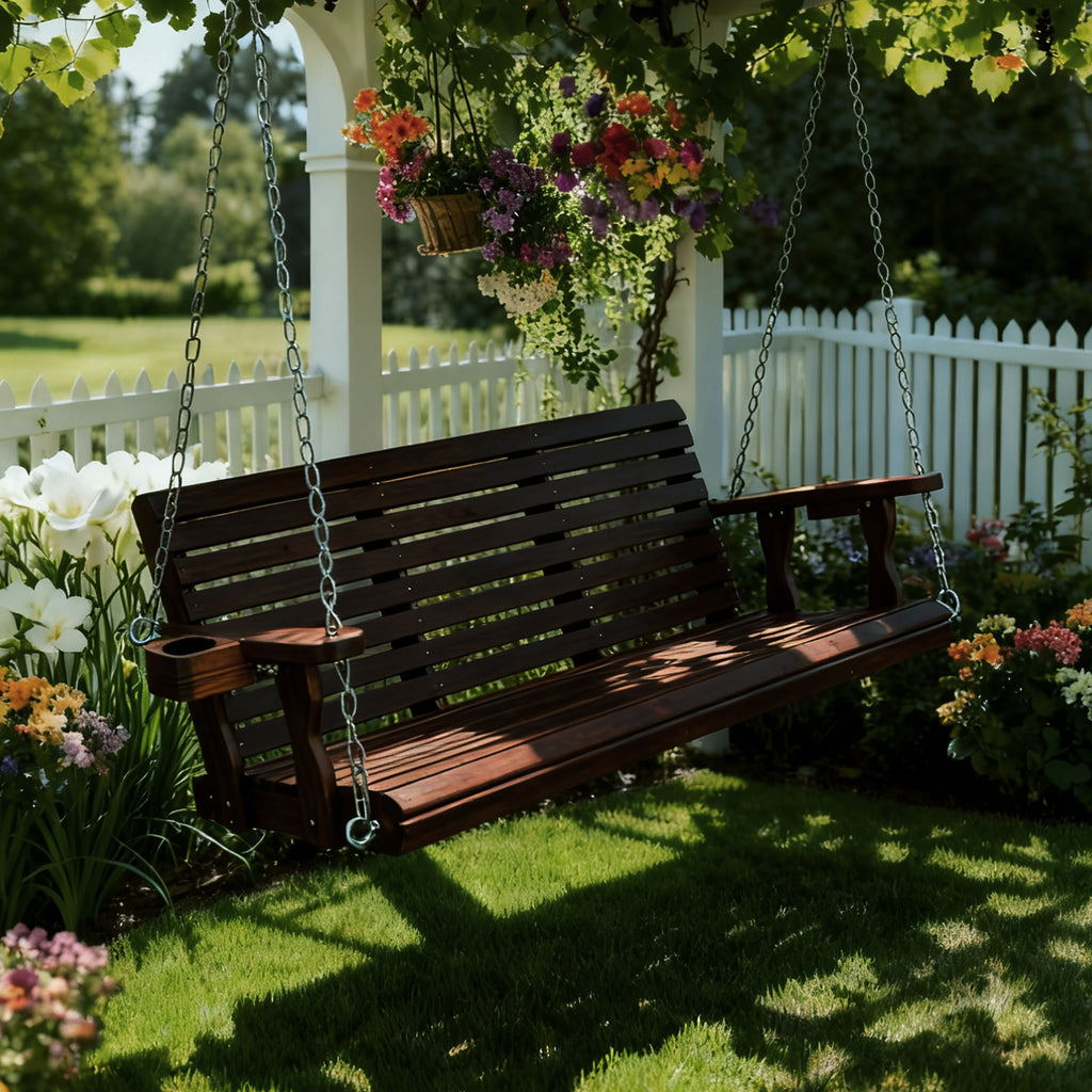 Fortune Candy Wooden Porch Swing 3-Seater, High Backrest and Deep Seat, Bench Swing with Cupholders, Hanging Chains and 7mm Springs, Heavy Duty 880 LBS (Deep Brown, 5 FT Extra Large)