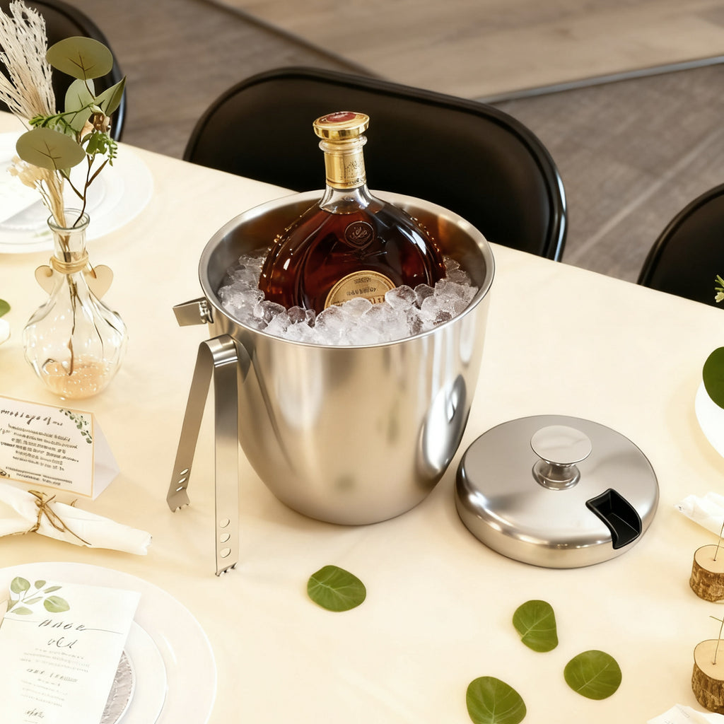 Fortune Candy Insulated Ice Bucket, Stainless Steel Ice Bucket with Ice Tongs, 2.8 L (Silver)