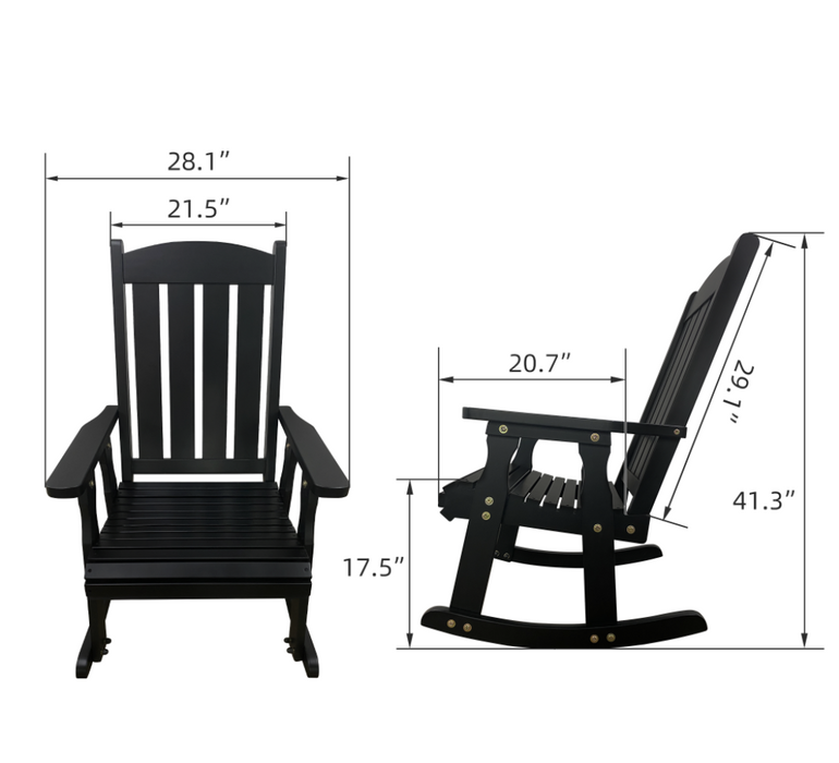 Wooden Rocking Chair with Comfortable Backrest Inclination, High Backrest and Deep Contoured Seat, Solid Fir Wood, Heavy Duty 600 LBS, for Backyard, Porch and Patio (Black PU)