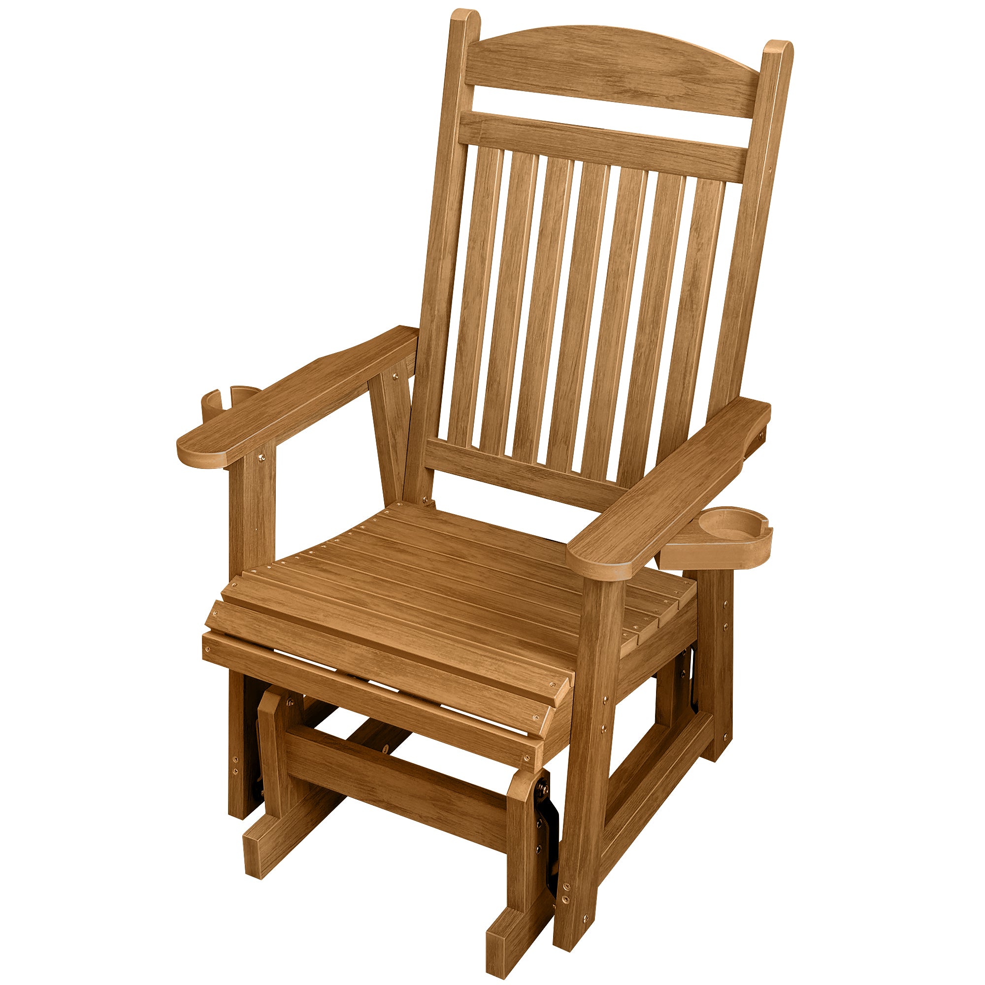 Poly Lumber Patio Glider for One Person, with Cup Holders, High Backrest and Deep Contoured Seat, HIPS Material, All-Weather Resistant, Heavy Duty 700 LBS (Light Brown)