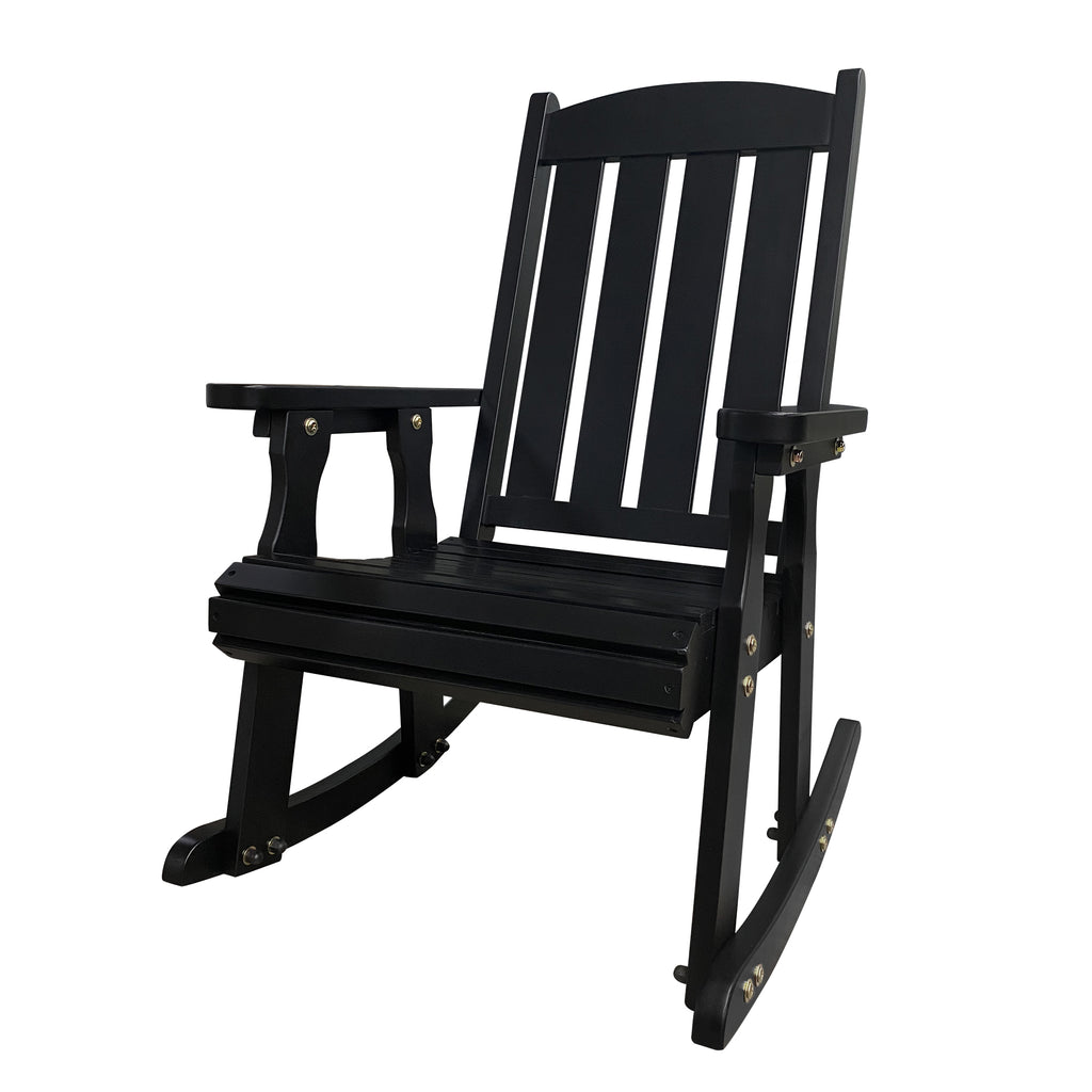 Wooden Rocking Chair with Comfortable Backrest Inclination, High Backrest and Deep Contoured Seat, Solid Fir Wood, Heavy Duty 600 LBS, for Backyard, Porch and Patio (Black PU)
