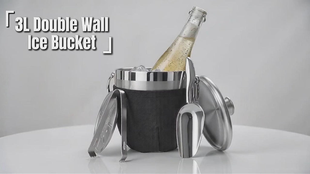 Fortune Candy Insulated Ice Bucket - Double Walled Stainless Steel Ice Bucket with Ice Tongs, Scoop, Lid, and Exclusive Handmade Nylon Holder - 2.8 L (Black)