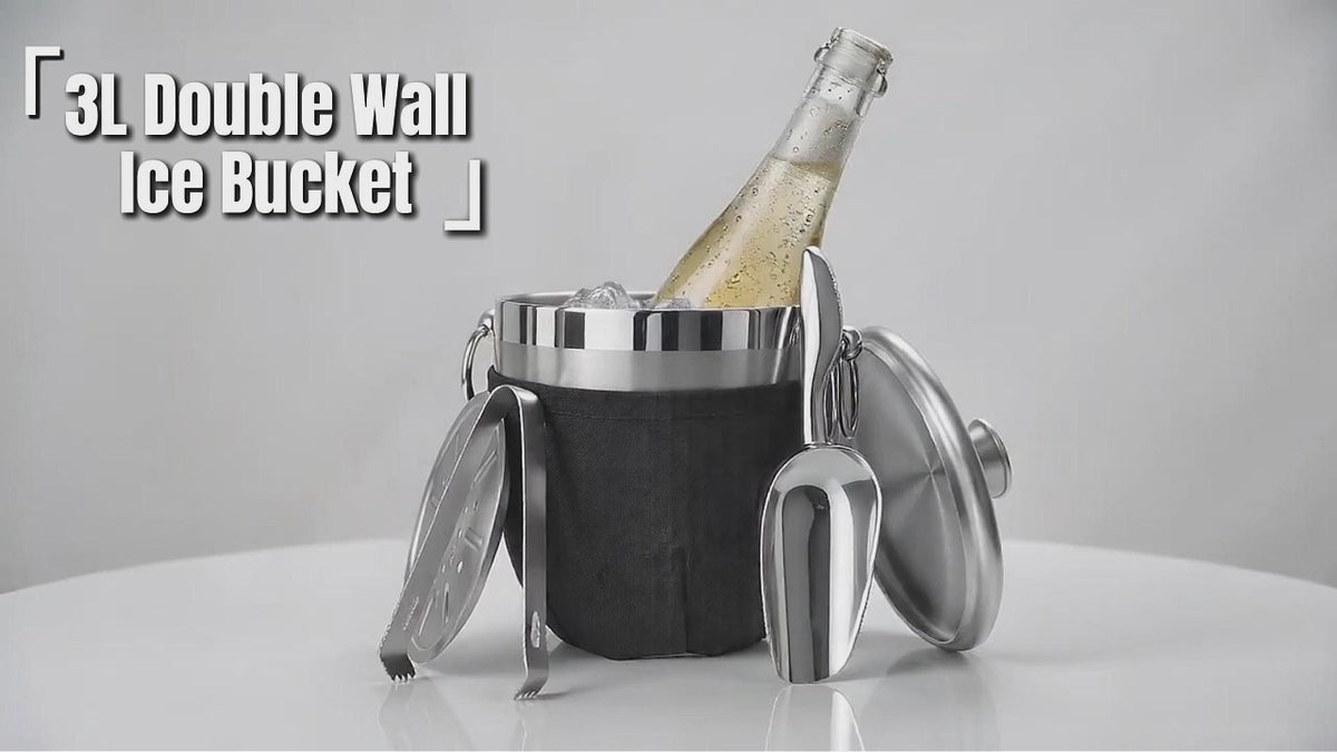 Fortune Candy Insulated Ice Bucket - Double Walled Stainless Steel Ice Bucket with Ice Tongs, Scoop, Lid, and Exclusive Handmade Nylon Holder - 2.8 L (Black)