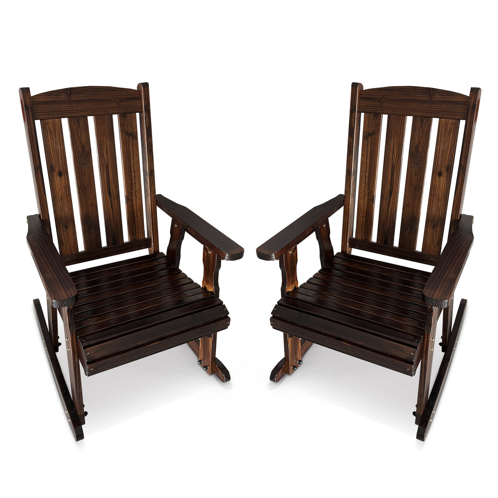 Wooden Patio Rocking Chair with Comfortable Backrest Inclination, High Backrest and Deep Contoured Seat, Solid Fir Wood, Heavy Duty 600 LBS, for Both Outdoor and Indoor (Deep Brown - 2 Pieces)