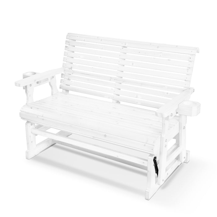 Wooden Patio Glider with Cup Holders, High Roll Back and Deep Contoured Seat, Heavy Duty 800 Lb (White, 3-Seater)