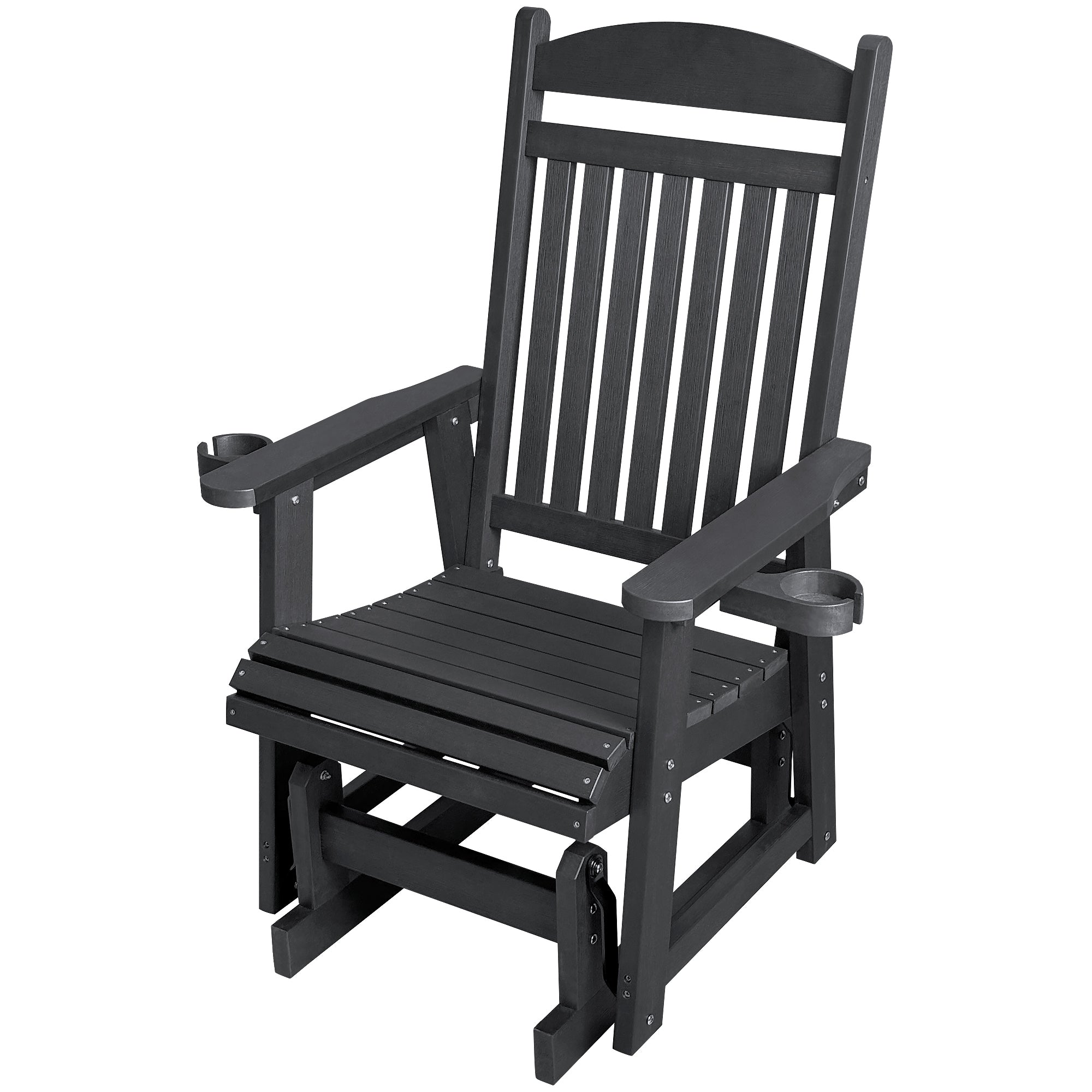 Poly Lumber Patio Glider for One Person, with Cup Holders, High Backrest and Deep Contoured Seat, HIPS Material, All-Weather Resistant, Heavy Duty 700 LBS (Matte Black)