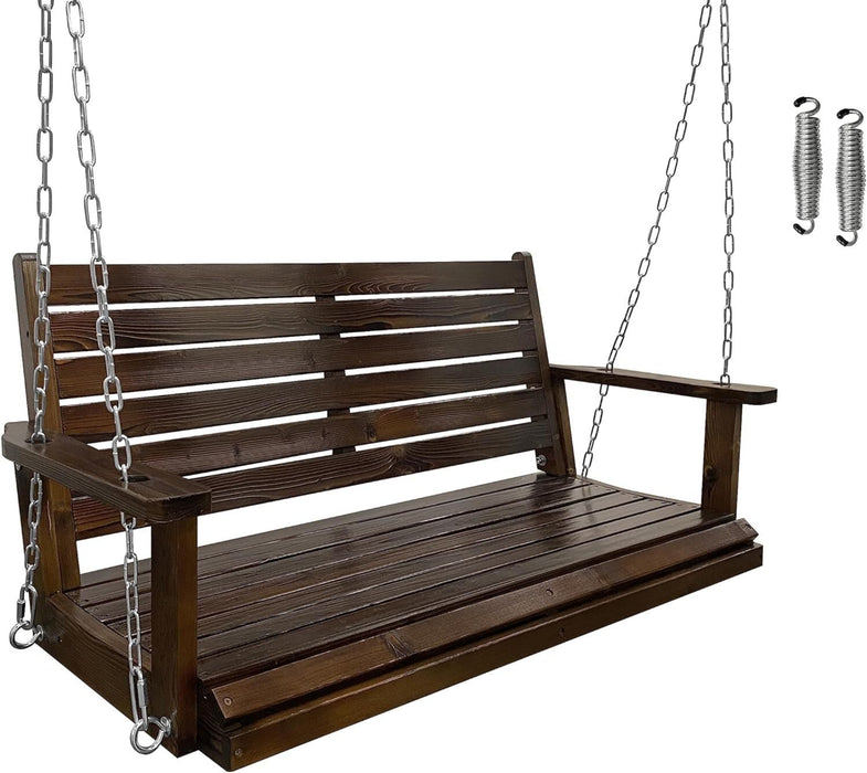 Wooden Porch Swing, Ergonomic Seat, Bench Swing with Hanging Chains and 7mm Springs, Heavy Duty 800 LBS, for Outdoor Patio Garden Yard (Deep Brown, 2-Seater)