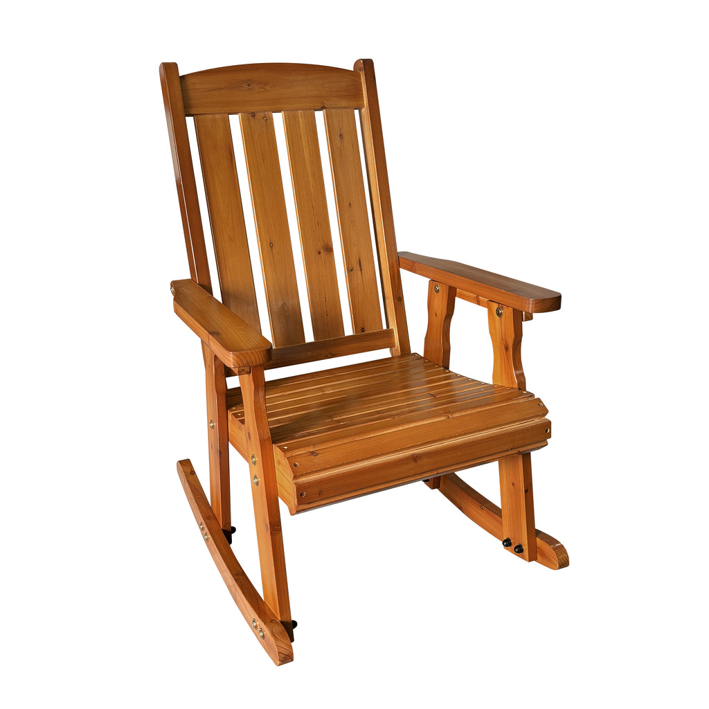 Wooden Patio Rocking Chair with Comfortable Backrest Inclination, High Backrest and Deep Contoured Seat, Solid Fir Wood, Heavy Duty 600 LBS, for Both Outdoor and Indoor (Natural)