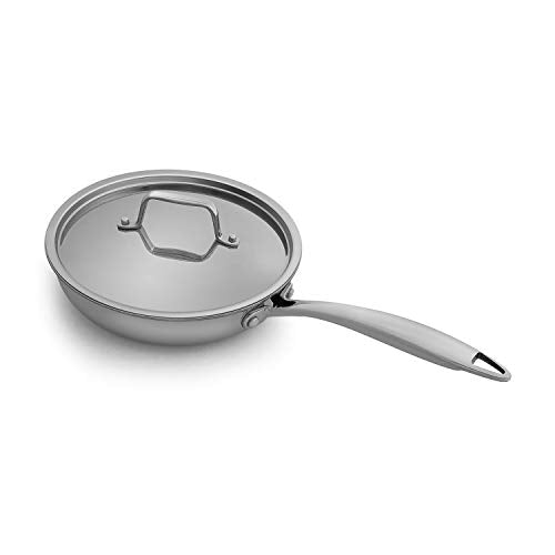 Fortune Candy 8-Inch Fry Pan with Lid, 3-ply Skillet, 18/8 Stainless Steel, Dishwasher Safe, Induction Ready, Silver (Mirror Finish)