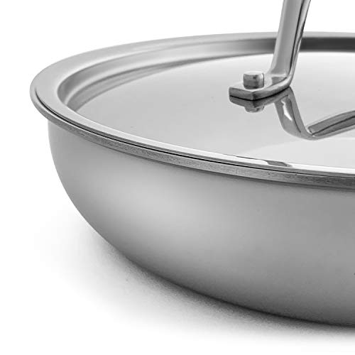 Fortune Candy 8-Inch Fry Pan with Lid, 3-ply Skillet, 18/8 Stainless Steel, Dishwasher Safe, Induction Ready, Silver (Mirror Finish)