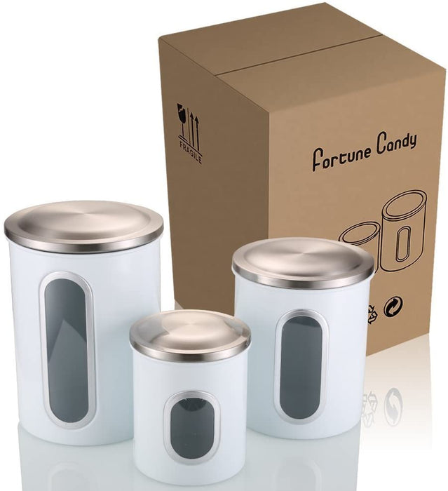 Fortune Candy Stainless Steel Canister Sets with Anti-Fingerprint Lid and Visible Window, Cereal Container Set of 3 (White)