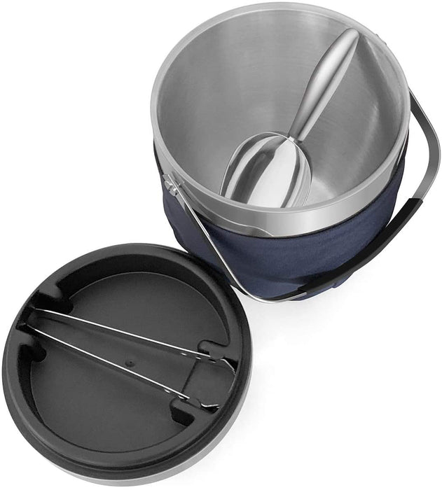 Fortune Candy Insulated Ice Bucket - Exclusive Lid with Improved Structure, Stainless Steel Ice Bucket with Ice Tongs, Scoop, and Exclusive Handmade Nylon Holder - 2.8 L, Silver/Navy Blue