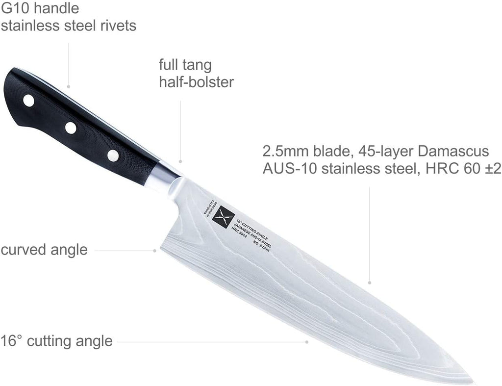 Fortune Candy 8 Inch Chef’s Knife - Damascus Japanese AUS-10 Stainless Steel Kitchen Knife - Full Tang, Classic Handle