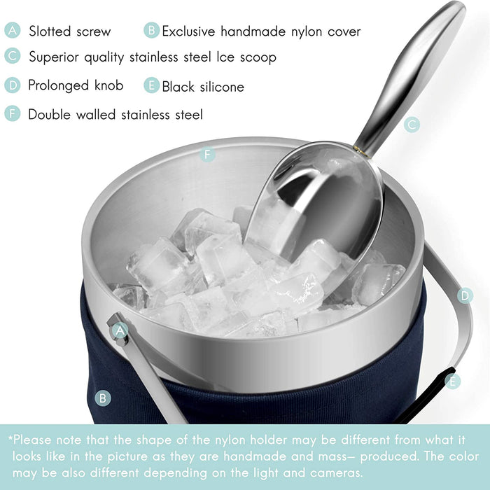 Fortune Candy Insulated Ice Bucket - Exclusive Lid with Improved Structure, Stainless Steel Ice Bucket with Ice Tongs, Scoop, and Exclusive Handmade Nylon Holder - 2.8 L, Silver/Navy Blue