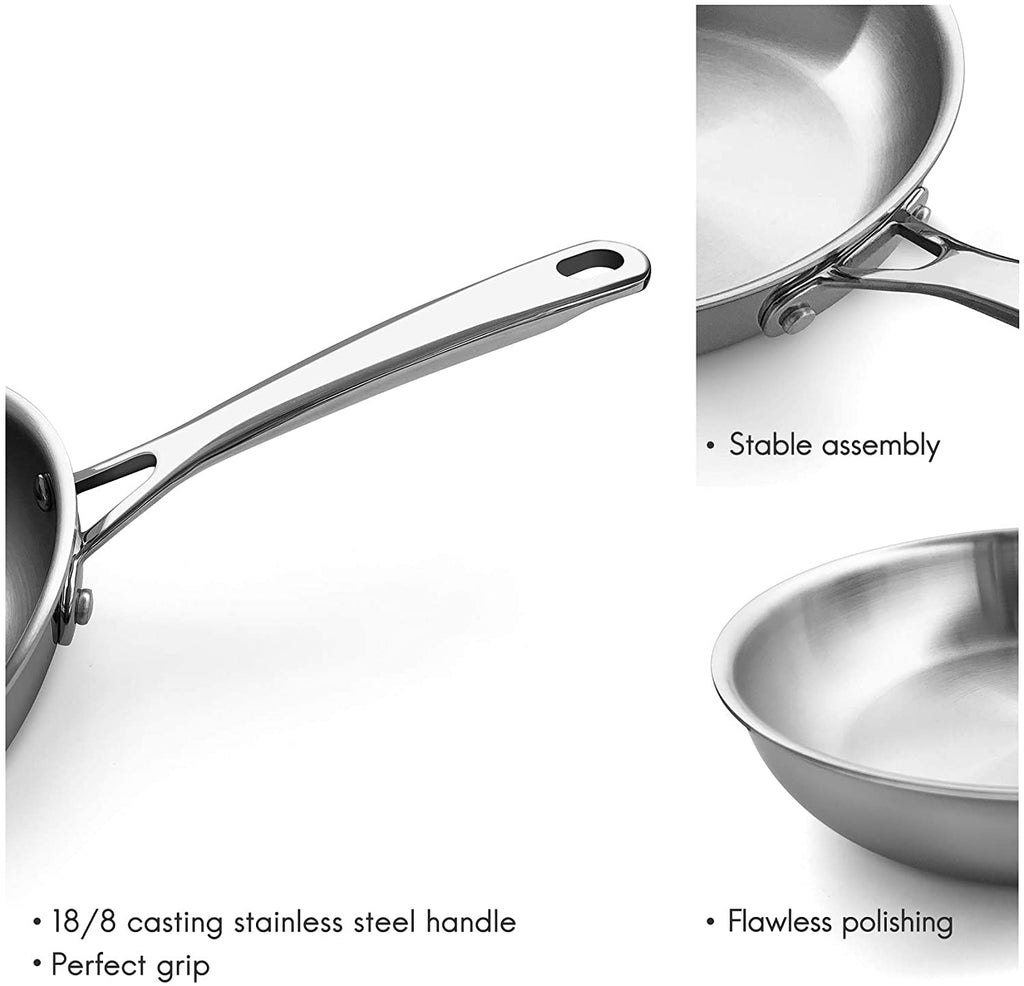 Fortune Candy 10-Inch Fry Pan with Lid, 3-ply Skillet, 18/8 Stainless Steel, Dishwasher Safe, Induction Ready