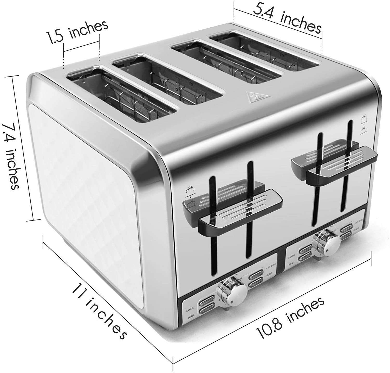 Fortune Candy KST012 4-Slice Toaster, Stainless Steel Housing, 7 Shade Settings, Extra Wide Slots for Bagels, 11 L x 10.8 W x 7.4 H inches, Diamond Pattern, White
