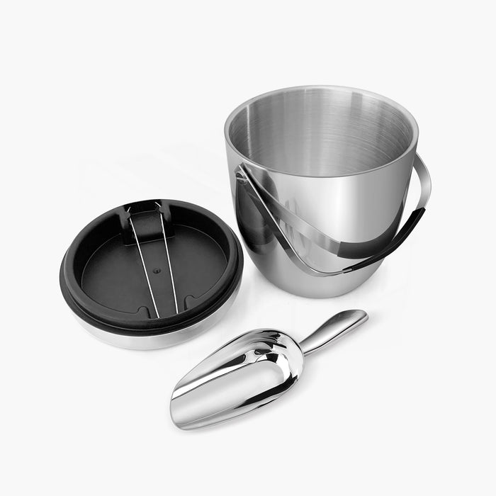 Fortune Candy Insulated Ice Bucket - Exclusive Lid with Improved Structure, Stainless Steel Ice Bucket with Ice Tongs, Scoop, and Exclusive Handmade Nylon Holder - 2.8 L, Silver/Navy Blue